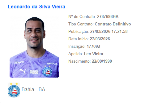 Léo Vieira Bahia: goleiro é regularizado no BID e pode estrear