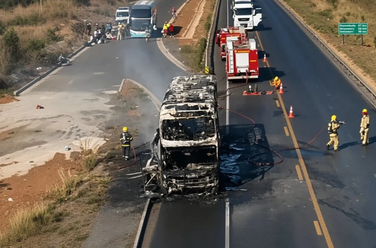 Ônibus pega fogo em Montes Claros; 65 passageiros evacuam sem feridos