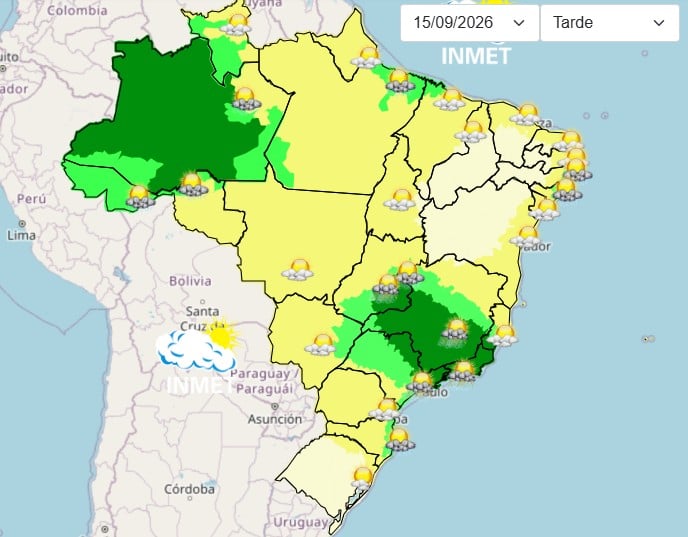Terça: Inmet alerta para chuva intensa no Sudeste; calor e pancadas no Norte