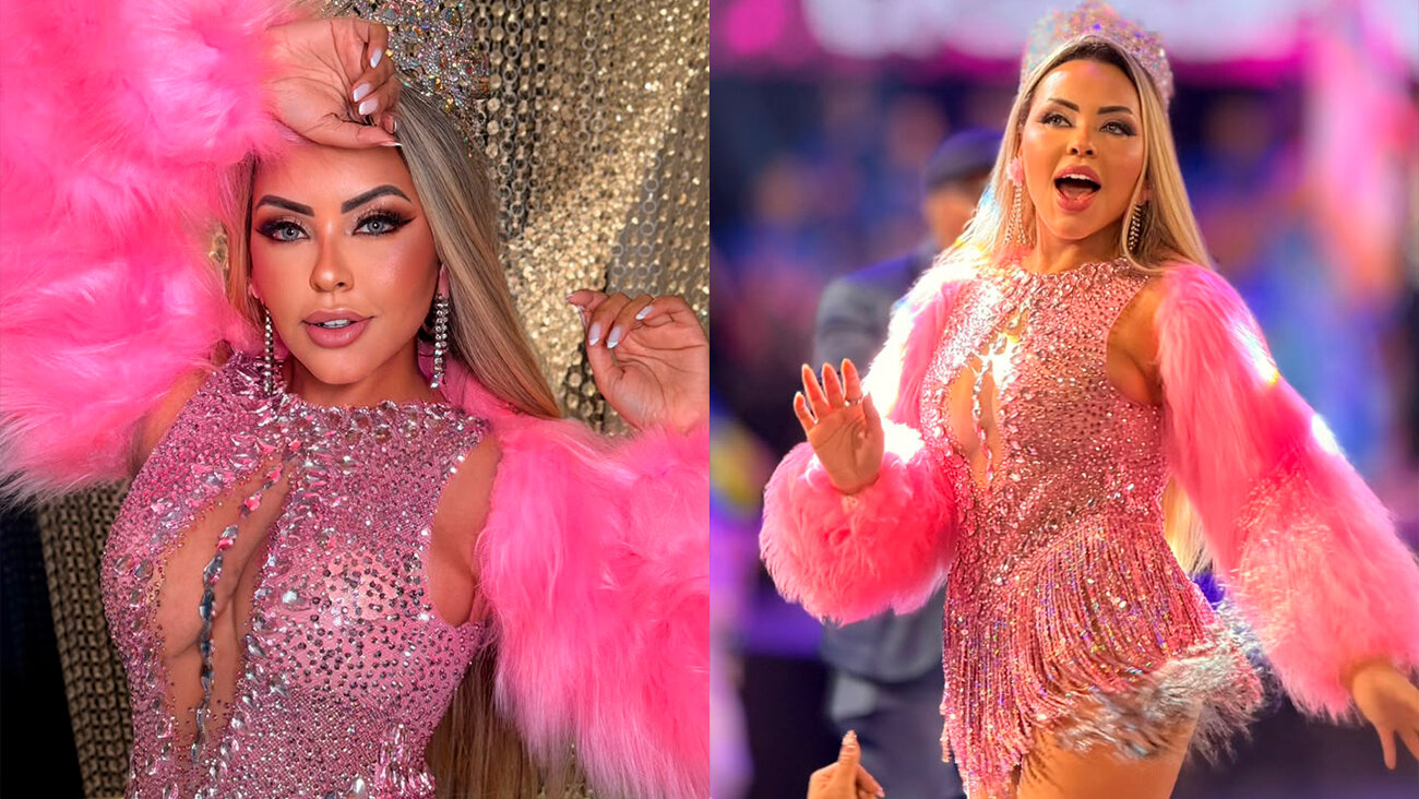 Ana Beatriz Godoi desfila look rosa com 40 mil cristais e responde comparações