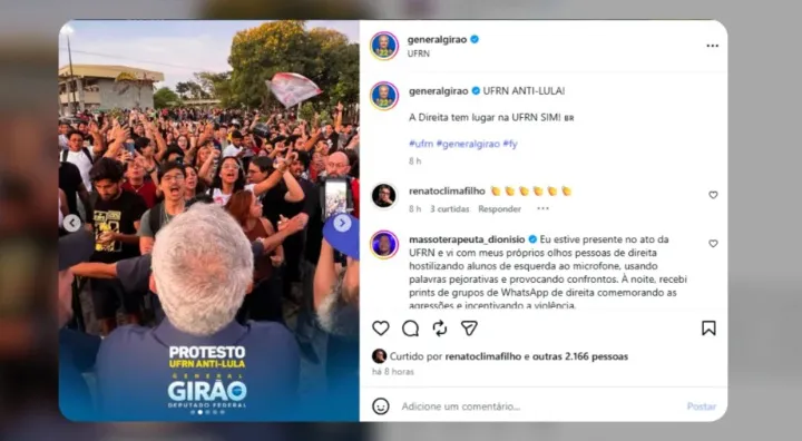 Confronto paralisa ato anti-Lula na UFRN; apoiadores citam Flávio Bolsonaro
